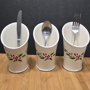 3 Piece Holiday Ceramic Silverware Holder Set, winterberry holly berry